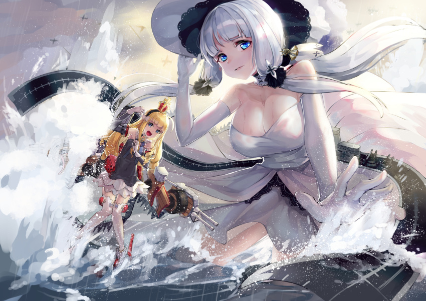 2girls artillery azur_lane bare_shoulders black_dress blonde_hair blue_eyes breasts cleavage cloud cloudy_sky crown detached_collar dress elbow_gloves flight_deck gloves highres illustrious_(azur_lane) long_hair looking_at_viewer low-tied_long_hair multiple_girls outdoors queen_elizabeth_(azur_lane) rigging rnjs4967 rudder_footwear sky strapless strapless_dress thighhighs turret very_long_hair water white_dress white_gloves white_hair white_headwear white_legwear