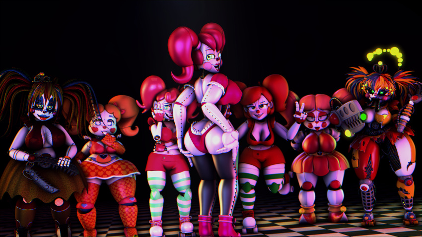 3d_(artwork) absurd_res animatronic baby_(fnafsl) breasts circus_baby circus_baby_(fnaf) digital_media_(artwork) female female/female five_nights_at_freddy's green_eyes group hair hi_res humanoid machine meaningless_artist robot sister_location source_filmmaker video_games