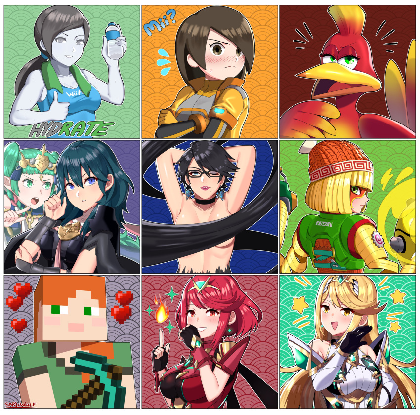 6+girls absurdres alex_(minecraft) arms_(game) banjo-kazooie bayonetta bayonetta_(character) bayonetta_2 beak beanie blue_eyes bottle breasts byleth_(fire_emblem) byleth_(fire_emblem)_(female) fingerless_gloves fire fire_emblem fire_emblem:_three_houses flame glasses gloves green_eyes green_hair hat heart highres index_finger_raised kazooie_(banjo-kazooie) long_hair mask mii_(nintendo) mii_gunner min_min_(arms) minecraft multiple_girls mythra_(xenoblade) nude ojou-sama_pose orange_hair pale_skin pickaxe pixel_heart pixelated polygonal ponytail pyra_(xenoblade) red_eyes sarukaiwolf short_hair sothis_(fire_emblem) super_smash_bros. tiara water_bottle wii_fit wii_fit_trainer xenoblade_chronicles_(series) xenoblade_chronicles_2 yellow_eyes