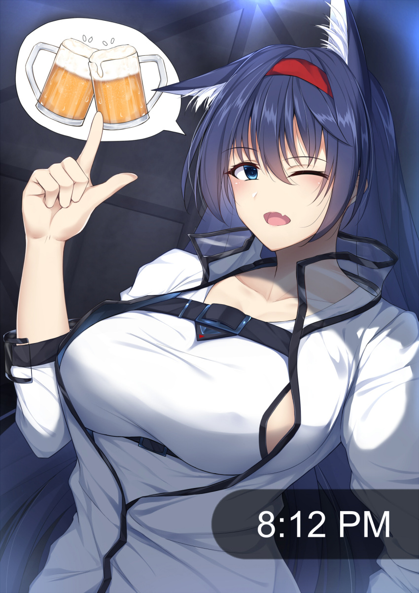 1girl alcohol animal_ears arknights beer beer_mug black_hair blaze_(arknights) blue_eyes breasts cat_ears chapter0p cup fang hairband highres index_finger_raised large_breasts long_hair mug one_eye_closed