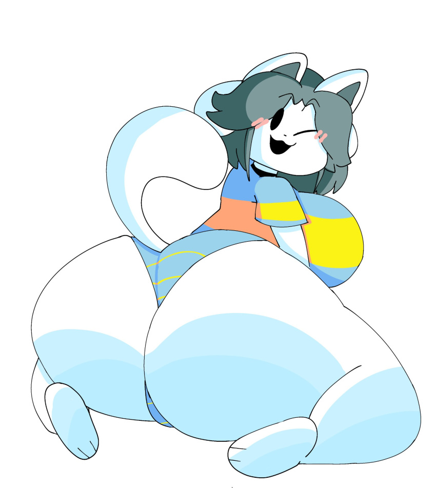 anthro big_breasts big_butt breasts butt canid canine clothed clothing felid feline female hair hi_res mammal mochikirb overweight rear_view simple_background tem temmie_(undertale) topwear undertale video_games white_body