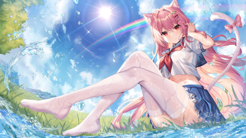 1girl absurdres animal_ears blue_sailor_collar blue_skirt cat_ears cat_tail commentary_request feet full_body gejigejier hair_ornament highres legs long_hair looking_at_viewer no_shoes original pink_hair red_eyes sailor_collar school_uniform serafuku skirt solo tail thighhighs water wet wet_clothes white_legwear