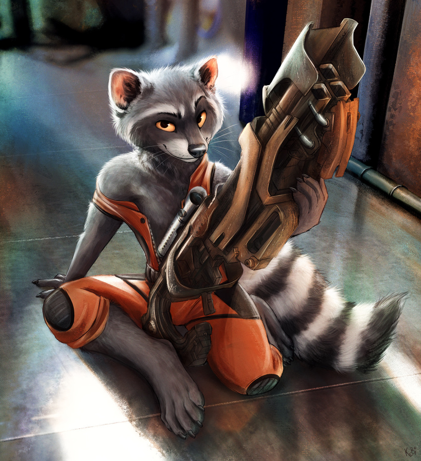 2021 anthro barefoot black_nose clothed clothing detailed_background fur grey_body grey_fur guardians_of_the_galaxy gun hi_res holding_gun holding_object holding_weapon kebi light lighting looking_at_viewer male mammal marvel procyonid raccoon ranged_weapon rocket_raccoon shaded signature sitting smile solo striped_body striped_fur stripes weapon whiskers white_body white_fur