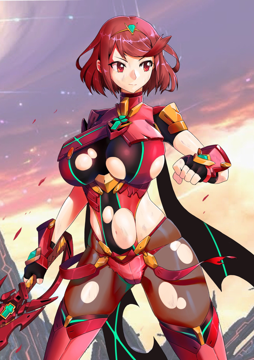 1girl absurdres bangs breasts chest_jewel fingerless_gloves gloves highres large_breasts monkey_jon navel pantyhose pyra_(xenoblade) red_eyes red_hair red_legwear red_shorts serious short_hair short_shorts shorts solo super_smash_bros. swept_bangs sword thighhighs tiara weapon xenoblade_chronicles_(series) xenoblade_chronicles_2