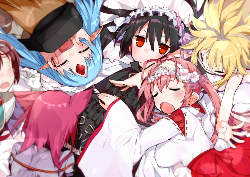3_3 6+girls ^_^ black_hair blonde_hair blue_hair blurry brown_hair child closed_eyes depth_of_field el_mofus_(rance_10) forehead_jewel frills glomp hands_on_another's_cheeks hands_on_another's_face highres hug japanese_clothes kentou_uzume lelikov_helman lying lying_on_person miko mix_tou multiple_girls on_bed outstretched_arms pink_hair pointy_ears rance_(series) rance_10 red_eyes reset_kalar robe sharp_teeth shikosour siblings sisters smile sushinu_the_gandhi teeth tokugawa_tone wavy_mouth