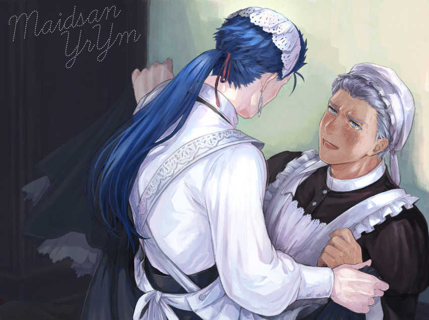 2boys absurdres alternate_costume apron archer blue_hair blush crossdressing cu_chulainn_(fate)_(all) dress earrings embarrassed fate/stay_night fate_(series) hair_ribbon hat highres inamugi jewelry lancer long_hair long_sleeves looking_at_another maid maid_headdress male_focus mob_cap multiple_boys open_mouth ponytail ribbon short_hair silver_eyes silver_hair skirt skirt_lift spiked_hair tied_hair yaoi