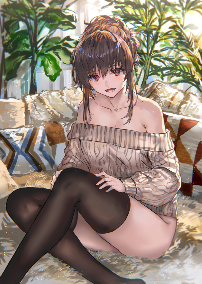1girl bare_shoulders black_legwear brown_hair collarbone highres looking_at_viewer off-shoulder_sweater off_shoulder open_mouth original plant ran'ou_(tamago_no_kimi) red_eyes sitting sweater thighhighs tied_hair