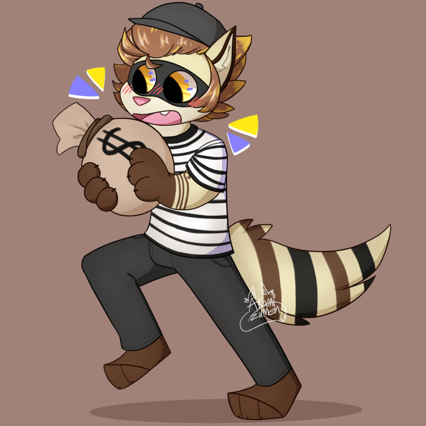 akamineko anthro bandit_(disambiguation) barefoot chibi chile chilean clothed clothing domestic_ferret dookingraccoon hi_res hybrid male mammal money money_bag moneybag mustela mustelid musteline procyonid raccoon robber solo stealing stole stolen tagme thief