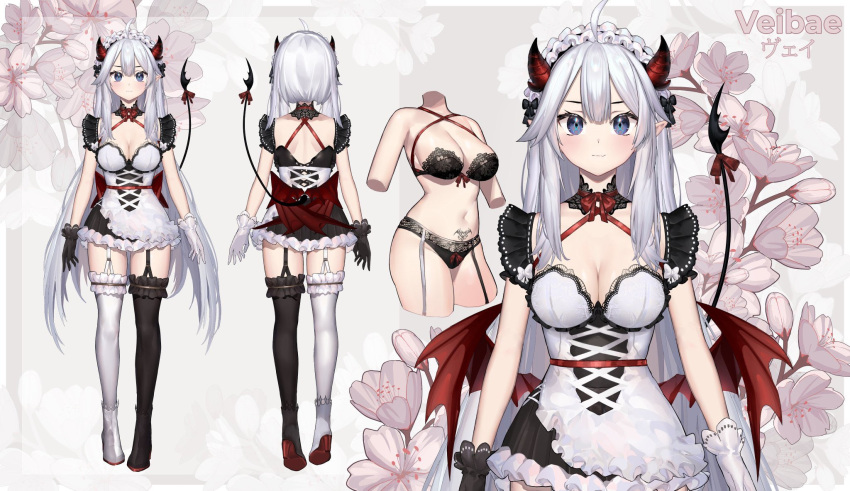1girl bangs black_bra black_gloves black_legwear blue_eyes bra breasts character_sheet cleavage cropped_arms cropped_legs demon_girl demon_horns demon_tail demon_wings detached_collar english_commentary flower frills garter_straps gloves grey_hair highres horns indie_virtual_youtuber low_wings maid maid_headdress medium_breasts mini_wings mismatched_gloves mismatched_legwear mixed-language_commentary multiple_views neonbeat official_art pointy_ears pubic_tattoo revision second-party_source tail tattoo thighhighs underwear vei_(vtuber) virtual_youtuber white_gloves white_legwear wings