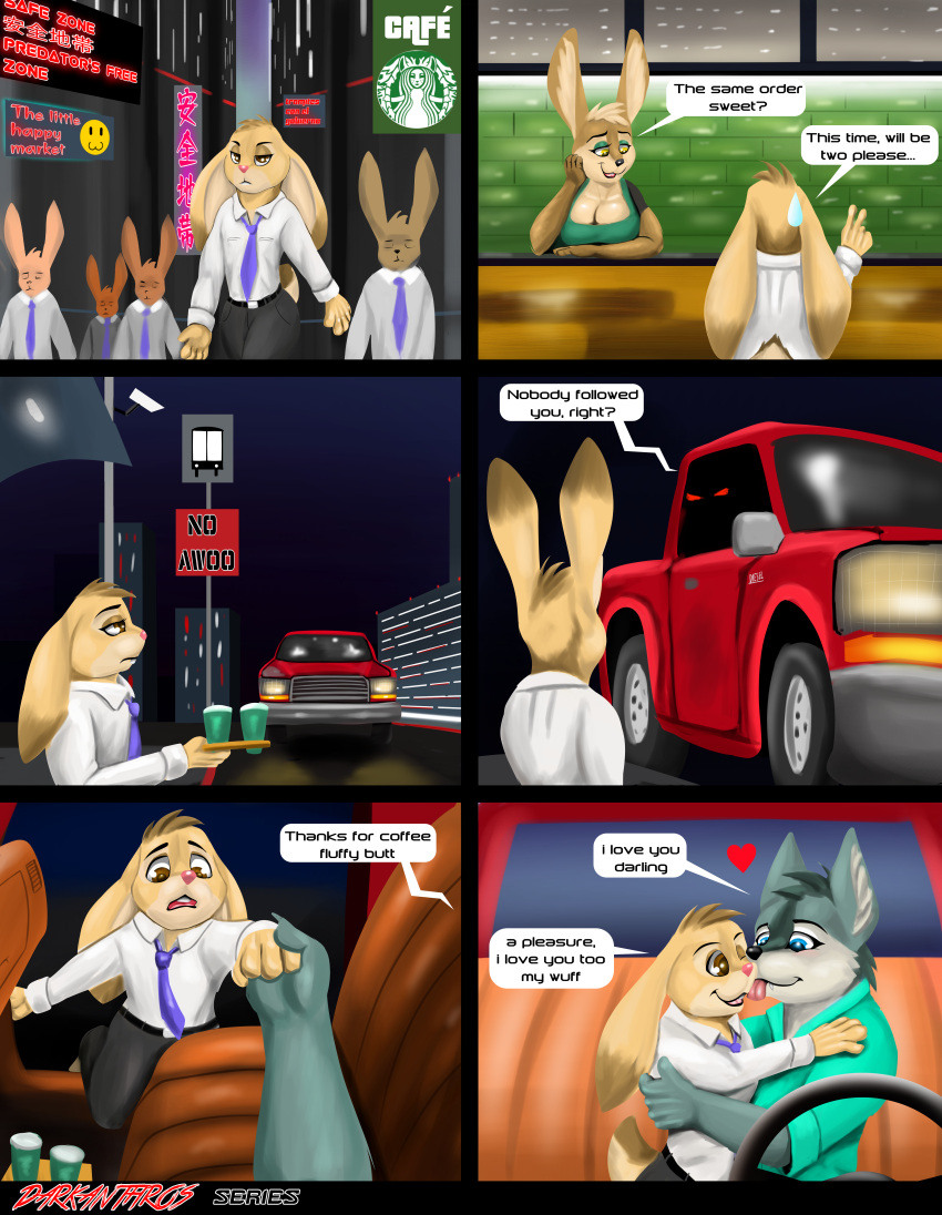 absurd_res anthro beverage canid canine canis coffee comic comic_page duo dystopia hi_res hug kissing lagomorph leporid love male male/male mammal predator/prey rabbit smartwhitefang truck_(vehicle) vehicle wolf