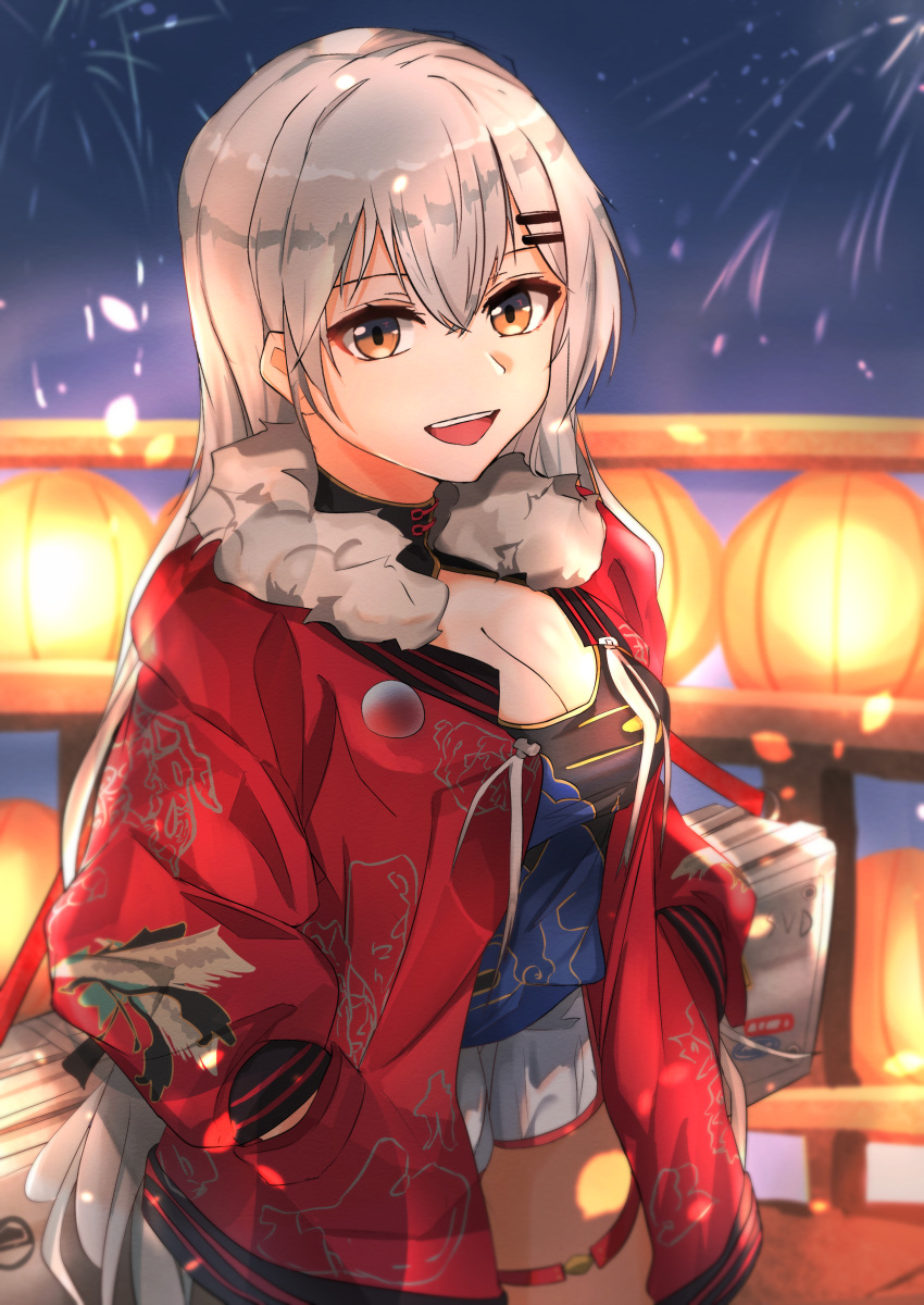 1girl absurdres bangs breasts china_dress chinese_clothes chinese_new_year cleavage commentary commentary_request dress eyebrows_visible_through_hair fireworks fur-trimmed_jacket fur_trim girls_frontline grey_eyes grey_hair hands_in_pockets highres jacket lamp lantern lantern_festival long_hair looking_at_viewer medium_breasts muteppona_hito open_mouth red_jacket shorts silver_hair solo svd_(girls_frontline) weapon_case white_shorts