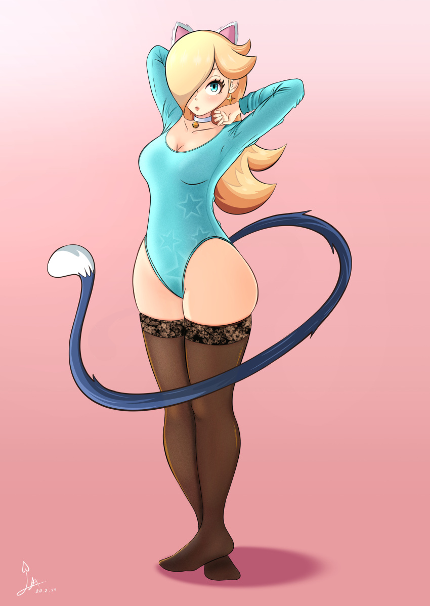 absurdres animal_ears arms_behind_back arms_up bell blonde_hair blue_eyes blue_leotard blush breasts cat_ears cat_tail hair_over_one_eye highres jewelry laceysx leotard lips lipstick long_hair long_tail makeup mario_(series) md5_mismatch medium_breasts necklace rosalina tail thick_thighs thighhighs thighs
