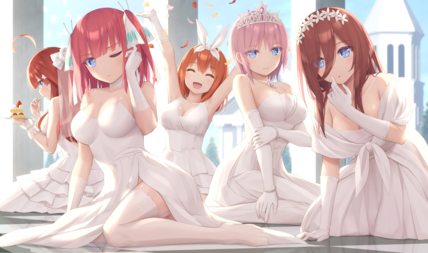 5girls :d ;( \o/ ^_^ ahoge arms_up bangs bare_shoulders blue_eyes blunt_bangs blush bracelet breasts brown_hair butterfly_hair_ornament cleavage closed_eyes closed_mouth collarbone commentary_request detached_sleeves dress eating elbow_gloves eyebrows_visible_through_hair eyes_visible_through_hair finger_to_face food full_body garter_straps gloves go-toubun_no_hanayome goribote hair_between_eyes hair_ornament hair_over_one_eye hair_ribbon hand_up holding holding_plate holding_spoon jewelry kneeling large_breasts layered_dress long_hair looking_at_viewer medium_hair multiple_girls nakano_ichika nakano_itsuki nakano_miku nakano_nino nakano_yotsuba necklace no_shoes open_mouth orange_hair outstretched_arms pink_hair plate quintuplets red_hair ribbon scarf short_hair side_slit sidelocks sitting sleeveless sleeveless_dress smile spoon star_(symbol) star_hair_ornament strapless strapless_dress strawberry_shortcake sweat thighhighs tiara two_side_up utensil_in_mouth wariza wedding_dress white_gloves white_legwear white_ribbon white_scarf white_sleeves wrist_cuffs yokozuwari