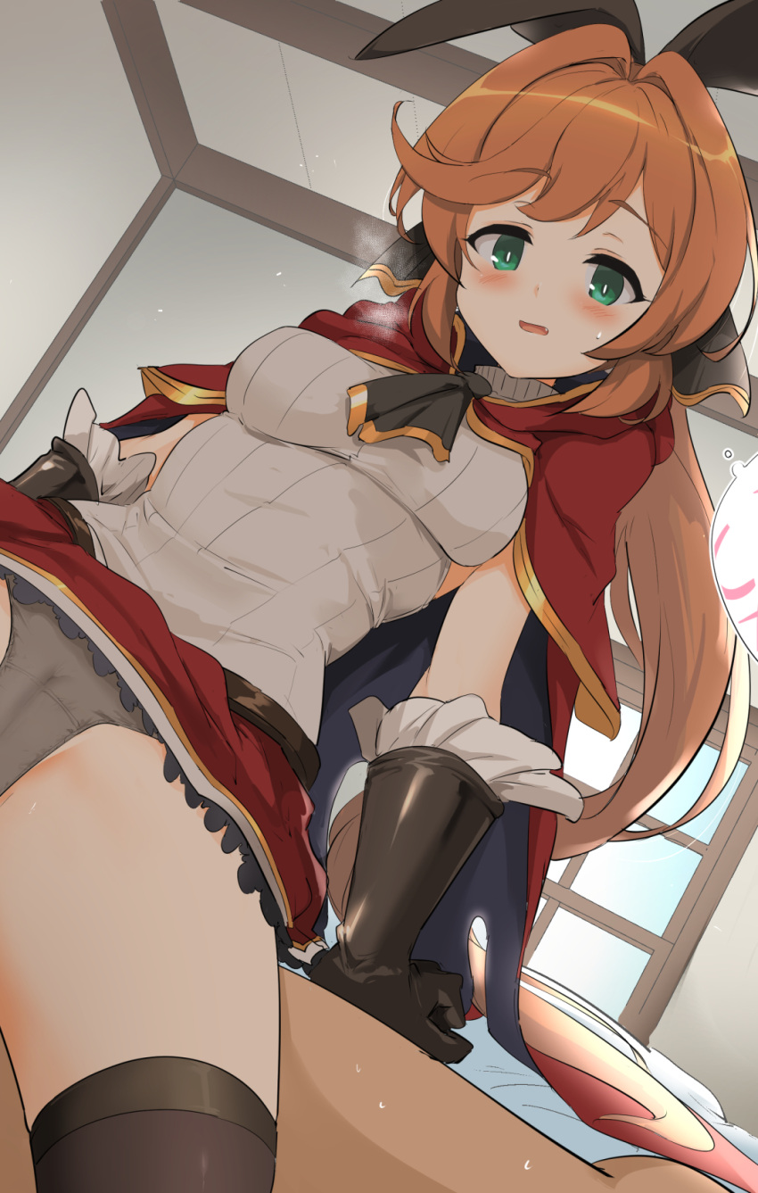 1girl animal_ears arm_support bangs blush breasts cameltoe cape clarisse_(granblue_fantasy) desk eyebrows_visible_through_hair eyelashes fake_animal_ears gloves granblue_fantasy green_eyes grey_panties hair_ornament highres indoors large_breasts long_hair looking_at_viewer momio orange_hair panties parted_lips solo spread_legs underwear window