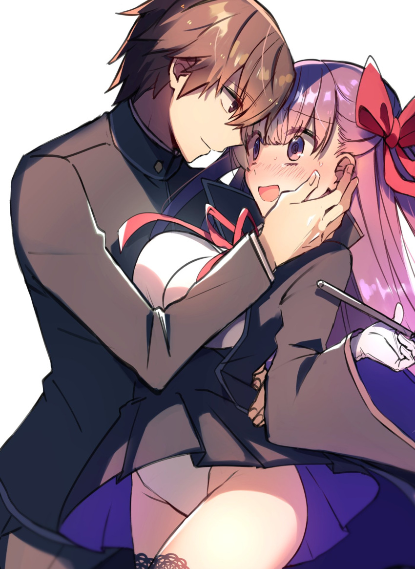 0wsaa0 1boy 1girl :d bb_(fate) bb_(fate)_(all) black_jacket black_legwear blush bow brown_eyes brown_hair closed_mouth couple cowboy_shot embarrassed eye_contact fate/extra fate_(series) gloves hair_bow hetero highres jacket kishinami_hakuno_(male) leotard long_hair long_sleeves looking_at_another neck_ribbon open_mouth purple_eyes purple_hair red_bow red_ribbon ribbon shiny shiny_hair short_hair smile sweatdrop thighhighs very_long_hair white_background white_gloves white_leotard