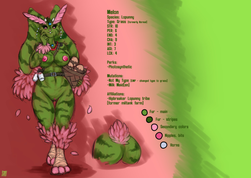 2020 3_toes 5_fingers alternate_color anthro areola bandolier basket belt breasts brown_egg buckteeth clothing colored_sketch cow_horns domestic_rabbit duo egg english_text fallout:_pca feathers feet female fingers foot_wraps footwear fur genitals gradient_background green_body green_fur jewelry lagomorph leather_belt leporid lop_rabbit lopunny mammal melon_(s-nina) milk milk_bottle model_sheet mostly_nude mostly_nude_anthro multicolored_body multicolored_fur necklace nintendo nipples number oryctolagus pink_areola pink_body pink_eyes pink_feathers pink_nipples pink_nose pink_petals pink_pussy pink_tail_tuft pok&eacute;mon pok&eacute;mon_(species) pok&eacute;morph pussy rabbit s-nina sandals shadow signature simple_background standing stats teeth text toes two_tone_body two_tone_fur video_games watermark watermelon_pattern wraps