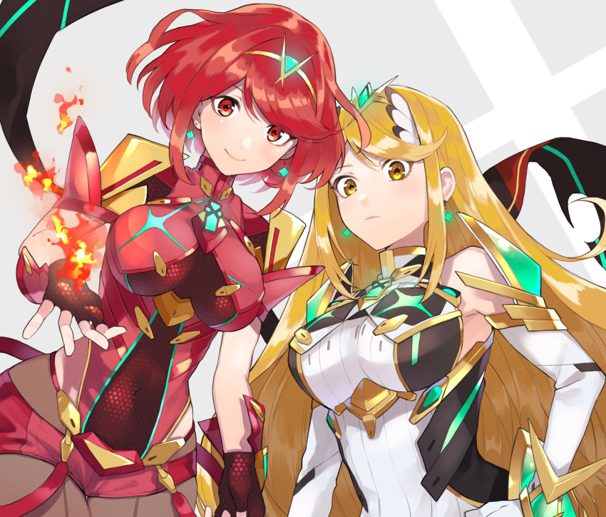 bangs bare_shoulders black_gloves blonde_hair breasts chest_jewel dress earrings elbow_gloves fingerless_gloves gloves highres jewelry kinagi_(3307377) large_breasts long_hair mythra_(xenoblade) pyra_(xenoblade) red_eyes red_hair red_legwear red_shorts short_dress short_hair short_shorts shorts super_smash_bros. swept_bangs thighhighs tiara very_long_hair white_dress white_gloves xenoblade_chronicles_(series) xenoblade_chronicles_2 yellow_eyes