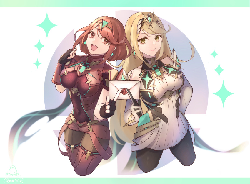 2girls :d bangs bare_shoulders black_gloves black_legwear blonde_hair breasts chest_jewel covered_navel cropped_legs dress earrings fingerless_gloves gloves highres jewelry long_hair medium_breasts mirin. multiple_girls mythra_(xenoblade) open_mouth pantyhose pyra_(xenoblade) red_eyes red_hair red_legwear red_shorts short_dress short_hair short_shorts shorts smash_invitation smile super_smash_bros. swept_bangs thighhighs tiara very_long_hair white_background white_dress xenoblade_chronicles_(series) xenoblade_chronicles_2 yellow_eyes