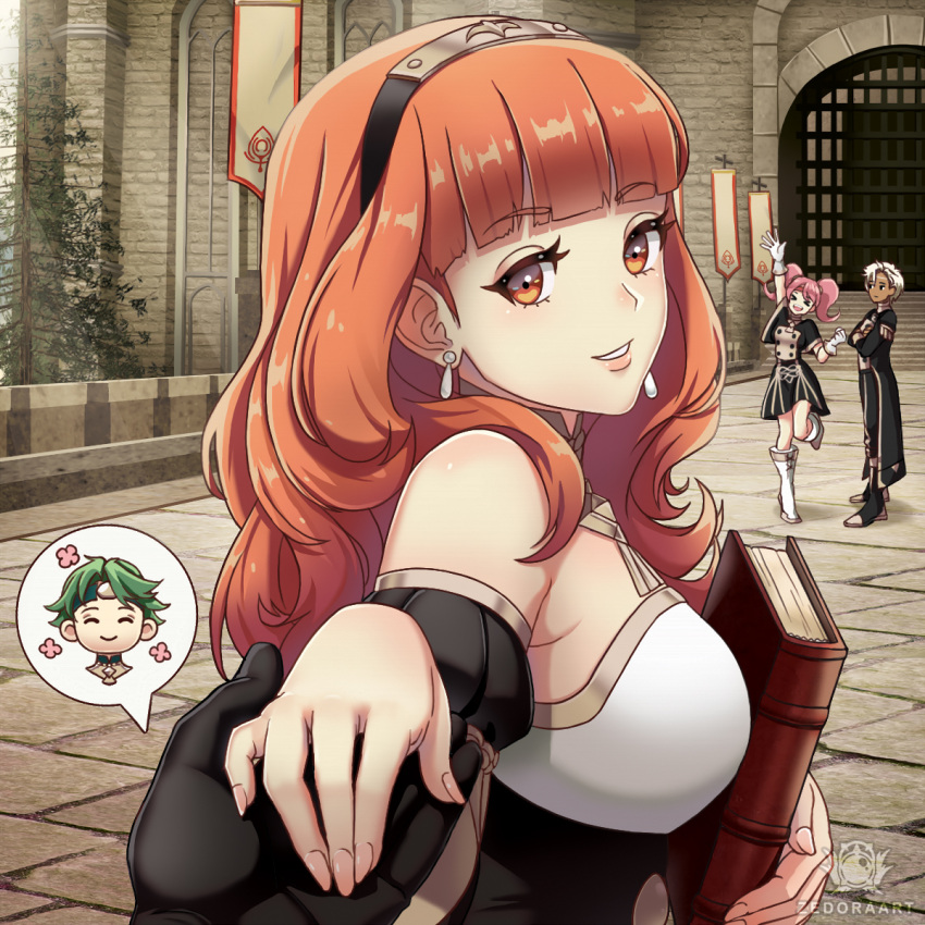 &gt;_&lt; 2boys 2girls alm_(fire_emblem) arm_up black_gloves black_hairband black_skirt black_sleeves blue_eyes breasts brown_eyes brown_hair celica_(fire_emblem) character_request crossed_arms dark_skin dark_skinned_male day detached_sleeves earrings eyebrows_visible_through_hair fire_emblem fire_emblem:_three_houses fire_emblem_echoes:_shadows_of_valentia garreg_mach_monastery_uniform gloves grin hairband highres holding holding_hands jewelry long_hair long_sleeves looking_at_viewer looking_back medium_breasts miniskirt multiple_boys multiple_girls outdoors outstretched_hand pink_hair pov shiny shiny_hair silver_hair skirt smile solo_focus standing standing_on_one_leg twintails waving white_gloves zedoraart