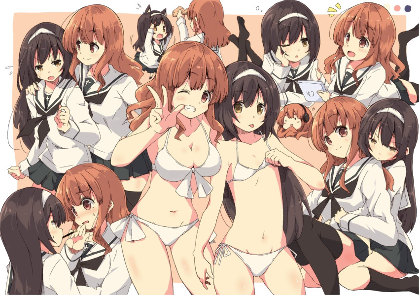 2girls :p ;) animal_ears arm_behind_back arms_up bangs beige_background bikini black_hair black_neckwear blouse blunt_bangs blush border breasts brown_eyes cat_ears chibi cleavage closed_mouth color_guide commentary eyebrows_visible_through_hair flying_sweatdrops food front-tie_bikini front-tie_top girls_und_panzer green_skirt grin groin hairband hand_on_another's_arm hand_on_another's_shoulder head_rest headphones holding holding_food holding_tablet_pc hug hug_from_behind kemonomimi_mode kneehighs large_breasts leaning_forward legs_up light_frown long_hair long_sleeves looking_at_another looking_at_viewer lying miniskirt mouth_hold multiple_girls multiple_views navel neckerchief notice_lines on_stomach one_eye_closed ooarai_school_uniform orange_eyes orange_hair outside_border pleated_skirt pocky pocky_kiss reizei_mako sailor_collar school_uniform serafuku side-by-side side-tie_bikini sitting sitting_on_lap sitting_on_person skirt sleepy small_breasts smile standing sweatdrop swimsuit tablet_pc taiyaki takebe_saori thighhighs tom_q_(tomtoq) tongue tongue_out w wagashi wariza white_bikini white_blouse white_border white_hairband white_sailor_collar yukkuri_shiteitte_ne yuri