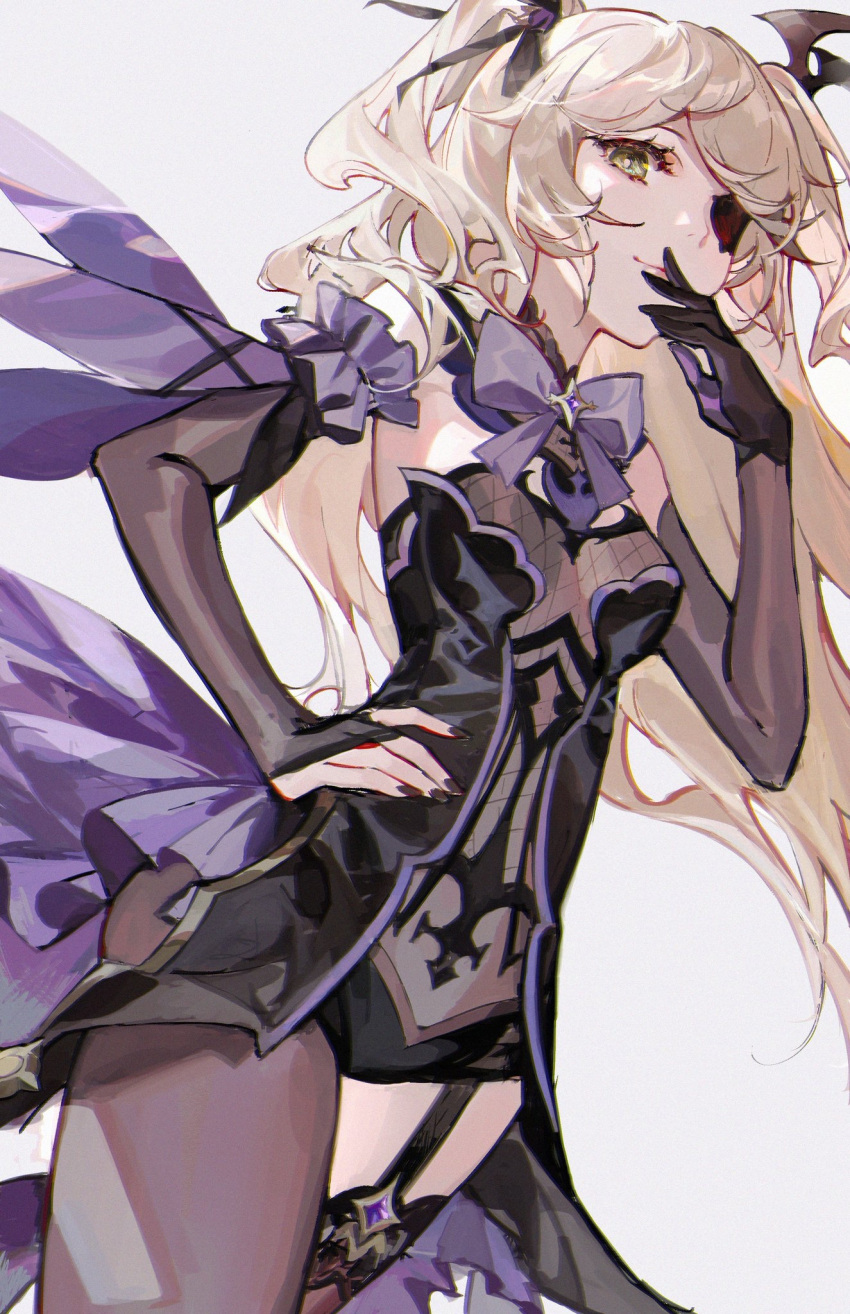 1girl black_eyepatch black_nails blonde_hair bodystocking bodysuit bow brown_sleeves chuunibyou eyepatch fischl_(genshin_impact) fishnet_bodysuit fishnets garter_straps genshin_impact gloves green_eyes hair_over_one_eye highres kaneblob purple_bow purple_neckwear single_glove single_leg_pantyhose single_thighhigh thighhighs two_side_up