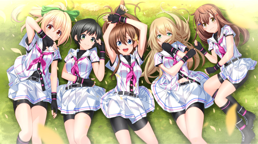 5girls arihara_tsubasa arms_up bike_shorts black_footwear black_gloves black_hair black_legwear black_shorts blonde_hair blue_eyes bow brown_eyes brown_hair closed_mouth fingerless_gloves from_below gloves grass green_bow green_eyes hachigatsu_no_cinderella_nine hair_bow hair_ornament hairclip high_ponytail highres kawakita_tomoe kneehighs long_hair looking_at_viewer lying miniskirt multiple_girls nitta_minako nozaki_yuuki nyanmaru on_back pink_neckwear pleated_skirt sailor_collar sailor_shirt shiny shiny_hair shirt short_hair short_shorts short_sleeves shorts shorts_under_skirt skirt smile striped striped_shirt ukita_akane vertical-striped_shirt vertical_stripes very_long_hair white_shirt white_skirt