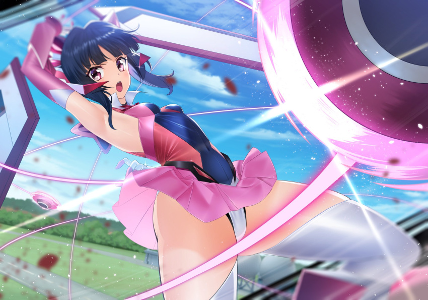 1girl armpits black_hair breasts breasts_apart covered_navel day detached_sleeves floating_hair highres leotard long_hair long_sleeves miniskirt nyanmaru open_mouth outdoors pink_eyes pink_skirt pink_sleeves pleated_skirt senki_zesshou_symphogear shiny shiny_hair sidelocks skirt skirt_lift small_breasts solo thighhighs tsukuyomi_shirabe white_legwear