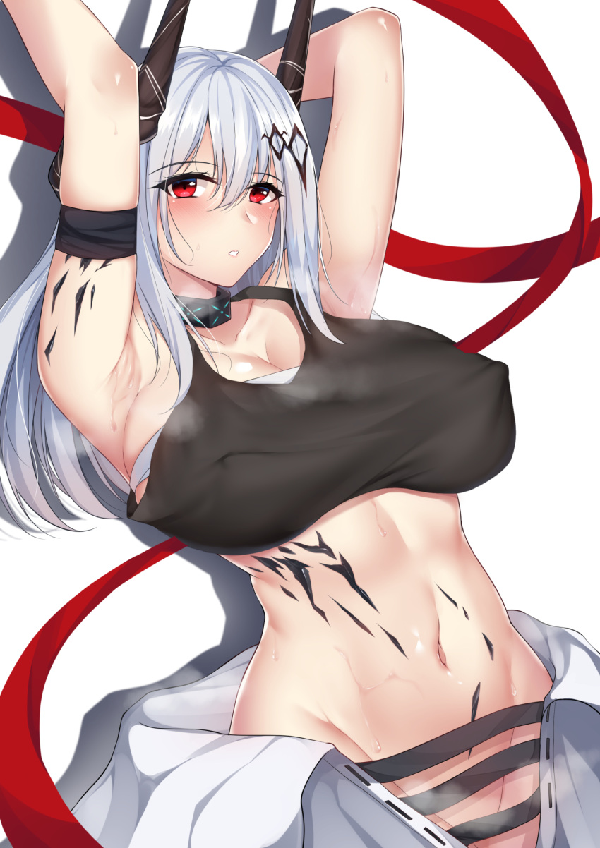 1girl arknights armpits arms_up black_tank_top blush breasts chapter0p cleavage clothes_around_waist collarbone commentary covered_nipples cowboy_shot crop_top demon_horns english_commentary eyebrows_visible_through_hair groin hair_between_eyes highres horns infection_monitor_(arknights) large_breasts lips long_hair looking_at_viewer midriff mudrock_(arknights) navel no_panties oripathy_lesion_(arknights) parted_lips red_eyes red_ribbon ribbon sarashi shadow silver_hair simple_background solo steaming_body stomach straight_hair sweat tank_top white_background