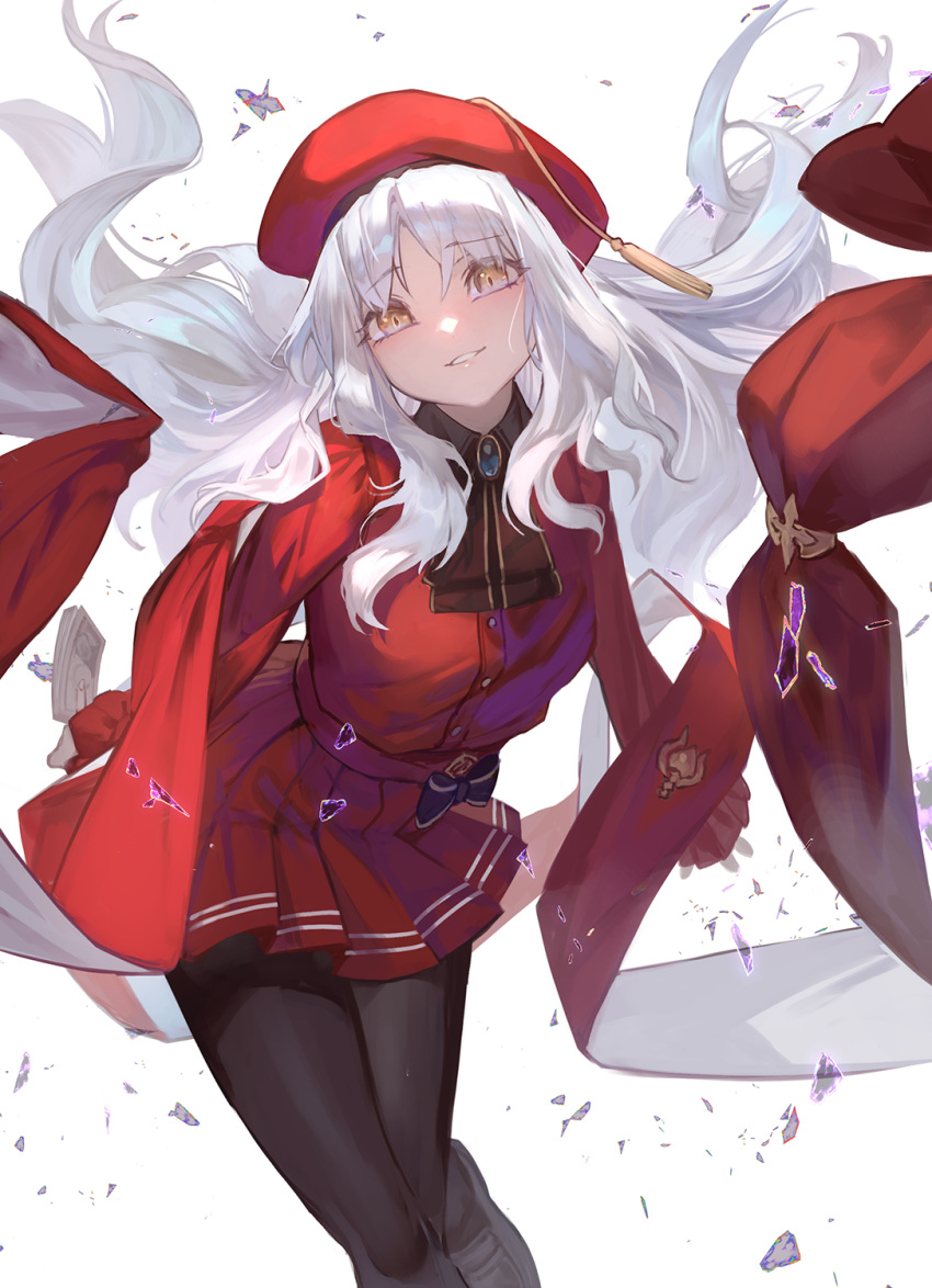 1girl bangs beret black_legwear breasts brooch caren_hortensia caren_hortensia_(amor_caren) dress fate/grand_order fate_(series) hat highres jewelry lack long_hair long_sleeves looking_at_viewer medium_breasts neck_ribbon pantyhose red_dress red_headwear ribbon shawl thighs wavy_hair white_hair yellow_eyes