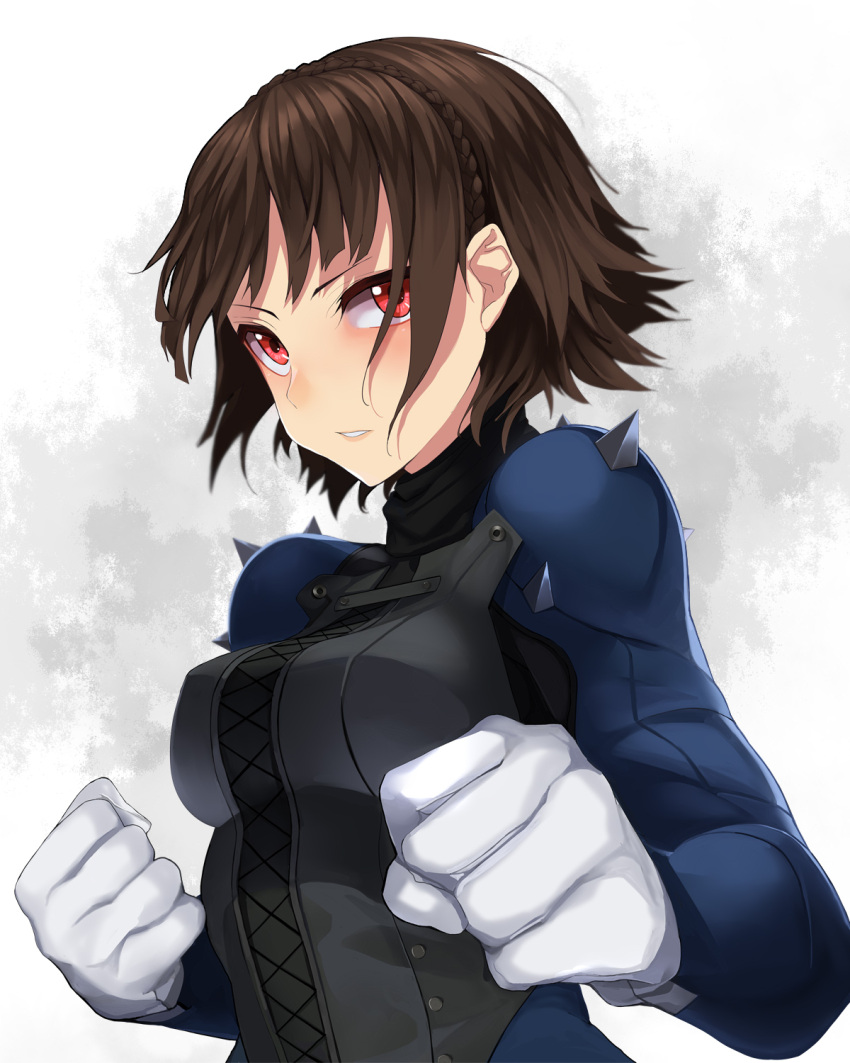 1girl bangs biker_clothes bodysuit braid brown_hair clenched_hands corset crown_braid fighting_stance gloves highres long_sleeves looking_at_viewer nemu_(nebusokugimi) niijima_makoto parted_lips persona persona_5 red_eyes scarf short_hair shoulder_spikes solo spikes upper_body white_gloves