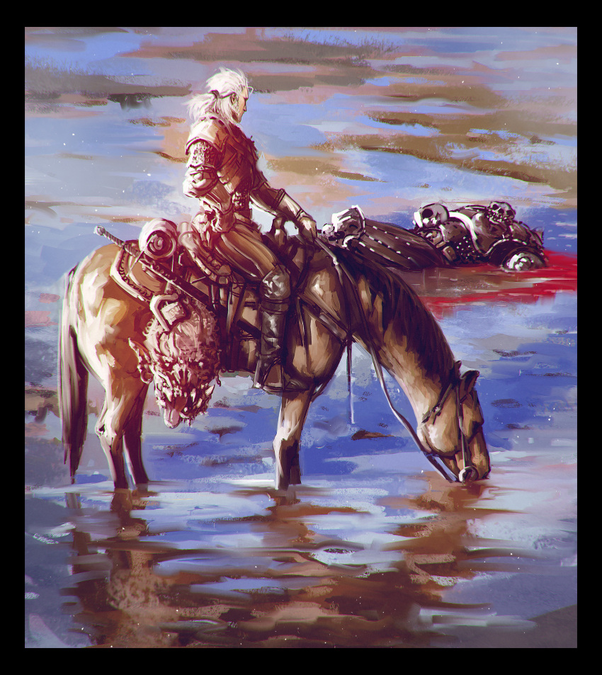 1boy absurdres animal armor black_border blood border breastplate brown_footwear brown_pants corpse dismemberment drinking from_side geralt_of_rivia head highres horse kalmahul long_sleeves looking_to_the_side male_focus pants ponytail sheath sheathed shoulder_armor sword the_witcher_(series) wading water weapon