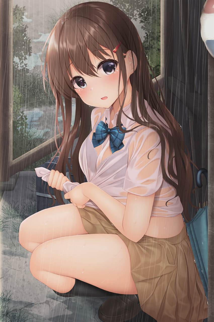 bra minato_(ojitan_gozaru) see_through seifuku shirt_lift skirt_lift wet wet_clothes