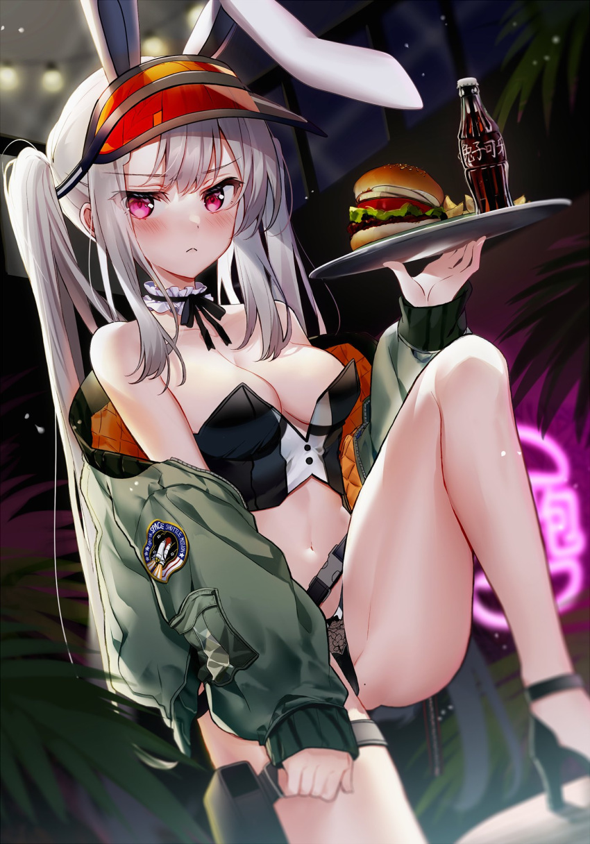 1girl animal_ears ass bare_shoulders belt belt_pouch black_choker black_footwear black_panties blurry breasts bunny_ears choker cleavage closed_mouth cola commentary_request crop_top depth_of_field fake_animal_ears food frilled_choker frills frown green_jacket hamburger high_heels highres holding jacket kawachi_rin leg_up lingerie long_hair long_sleeves looking_at_viewer medium_breasts midriff moe2021 mole mole_on_ass navel no_bra no_pants off_shoulder open_clothes open_jacket original panties pink_eyes playboy_bunny pouch revision shirt sidelocks silver_hair sleeveless sleeveless_shirt solo stomach strapless strapless_shirt thigh_strap thighs tray twintails underwear v-shaped_eyebrows visor_cap