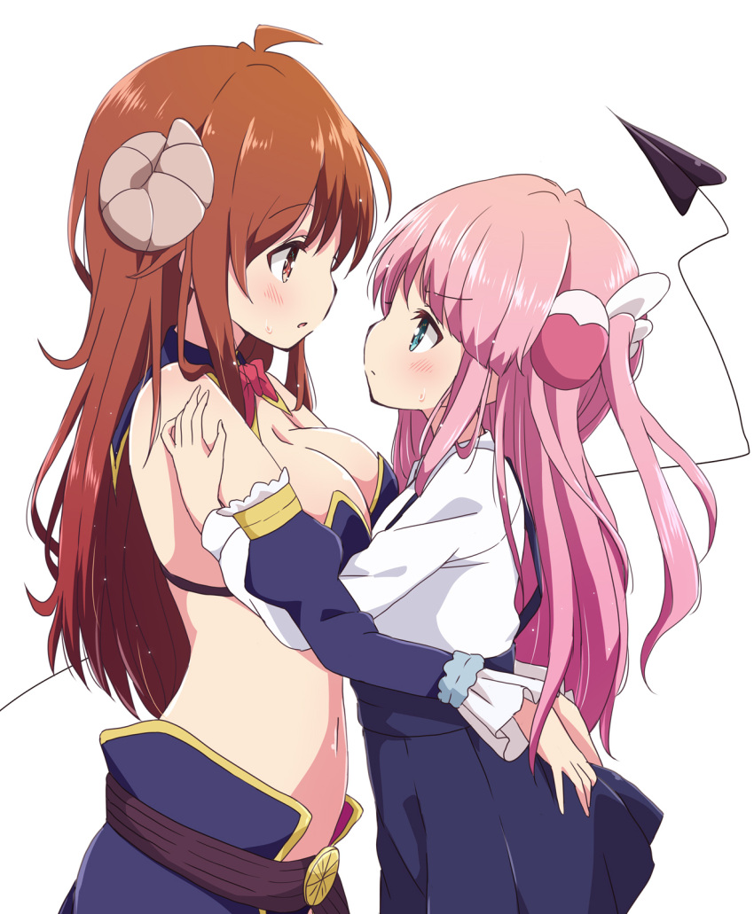2girls :o ahoge bare_shoulders blush breasts chiyoda_momo cleavage closed_mouth curled_horns demon_girl demon_horns demon_tail eye_contact eyebrows_visible_through_hair green_eyes hair_ornament hand_on_another's_shoulder hands_up highres horns large_breasts long_hair looking_at_another machikado_mazoku mel_(melty_pot) multiple_girls navel parted_lips pink_hair profile red_eyes red_hair simple_background stomach sweatdrop tail tail_raised white_background yoshida_yuuko_(machikado_mazoku) yuri