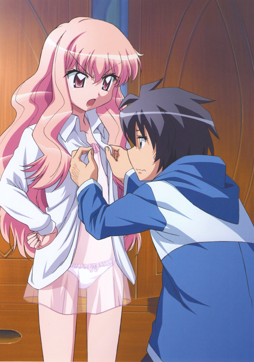 1boy 1girl absurdres artist_request blouse bow bow_panties frilled_panties frills hands_on_hips hetero highres hiraga_saito lingerie long_hair long_sleeves louise_francoise_le_blanc_de_la_valliere negligee open_clothes open_shirt panties pink_eyes pink_hair pink_panties scan shirt standing underwear zero_no_tsukaima