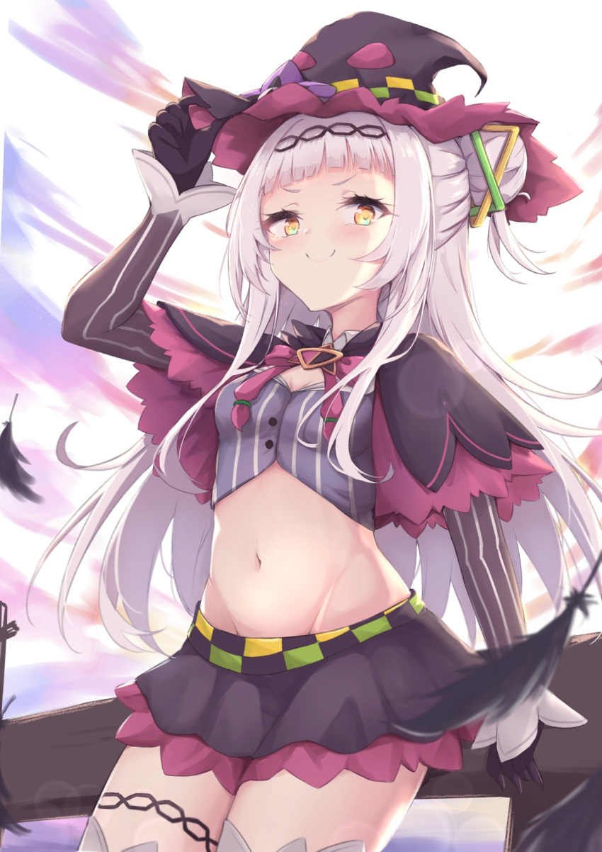 1girl arm_up bangs black_capelet black_feathers black_gloves black_headwear black_skirt blush breasts capelet closed_mouth commentary_request crop_top feathers gloves grey_shirt groin hair_bun hakuya_(white_night) hat highres hololive long_hair long_sleeves looking_at_viewer midriff murasaki_shion navel shirt side_bun skirt sleeves_past_wrists small_breasts smile solo striped striped_shirt thighhighs v-shaped_eyebrows vertical-striped_shirt vertical_stripes very_long_hair virtual_youtuber white_hair white_legwear witch_hat yellow_eyes