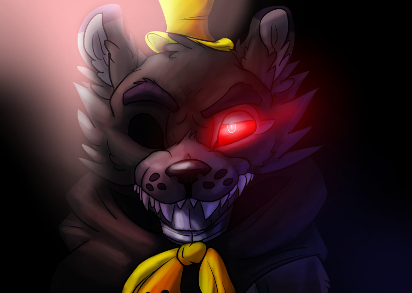 1_eye 2020 animatronic anthro black_background black_ears black_nose bow_tie cloak close-up clothed clothing endoskeleton exposed_endoskeleton fangs five_nights_at_freddy's five_nights_at_freddy's_4 glowing glowing_eyes hat headgear headwear hi_res hood hoodie light looking_at_viewer machine male mammal metal metallic metallic_body nightmare_(fnaf) one_eye_half-closed pink_background portrait red_eyes red_sclera robot sharp_teeth simple_background smile solo teeth top_hat topwear ursid video_games white_ears writtenstars87