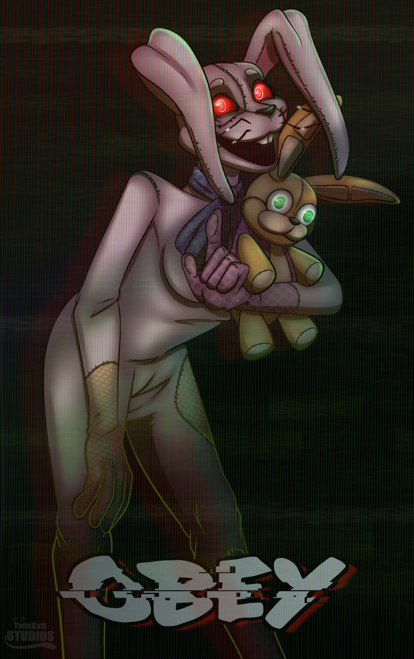 2020 :d absurd_res anthro bent_over black_background black_nose breasts buckteeth clothed clothing duo english_text featureless_breasts female five_nights_at_freddy's five_nights_at_freddy's:_security_breach glitchtrap glowing glowing_eyes green_eyes hi_res lagomorph leporid long_ears looking_at_viewer male mammal multicolored_body multicolored_ears open_mouth patch_(fabric) pink_ears plush_glitchtrap_(fnaf) plushie rabbit red_eyes red_sclera simple_background smile standing static stitch_(sewing) tan_body tan_ears teeth text topwear toy twinkattstudios vanny_(fnaf) vest video_games white_body white_ears yellow_body yellow_ears