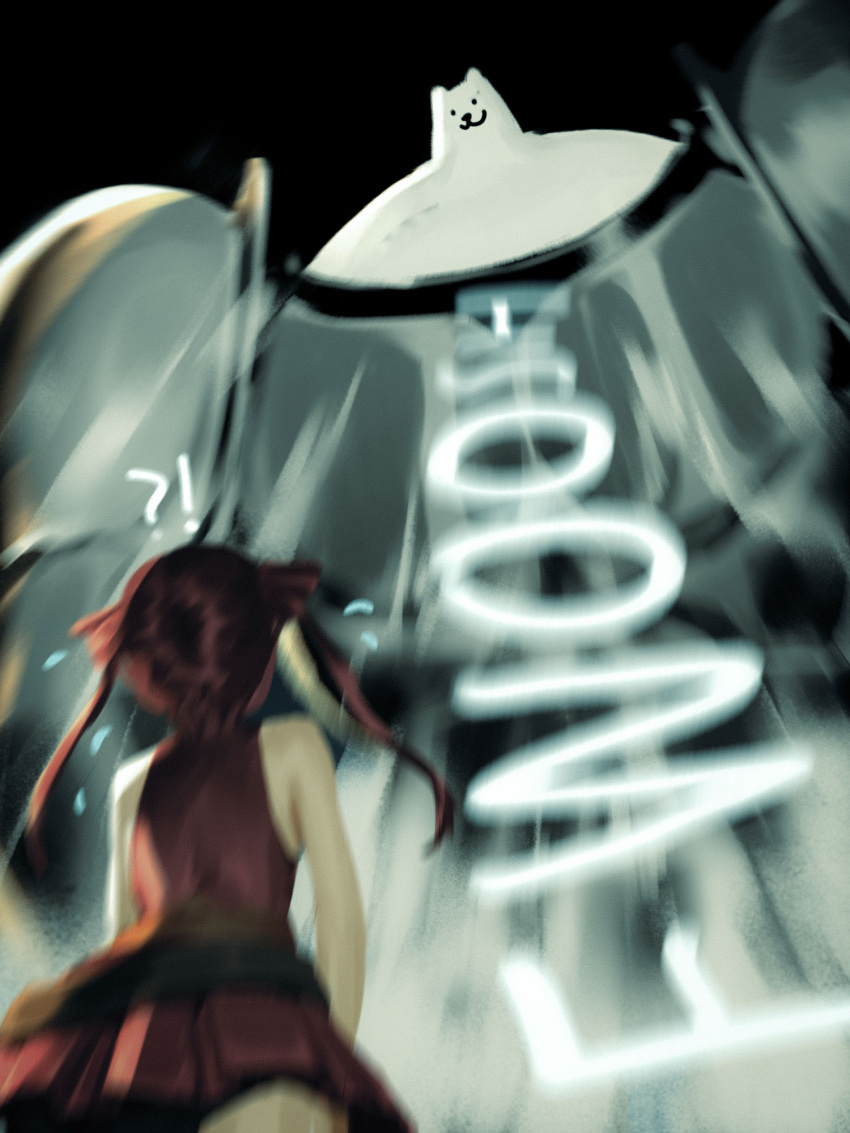!? 1girl black_eyes blurry blurry_foreground chmyxo crossover dog english_commentary greater_dog highres hololive houshou_marine looking_down looking_up motion_blur muscular red_hair red_skirt skirt smile surprised transformation twintails undertale virtual_youtuber