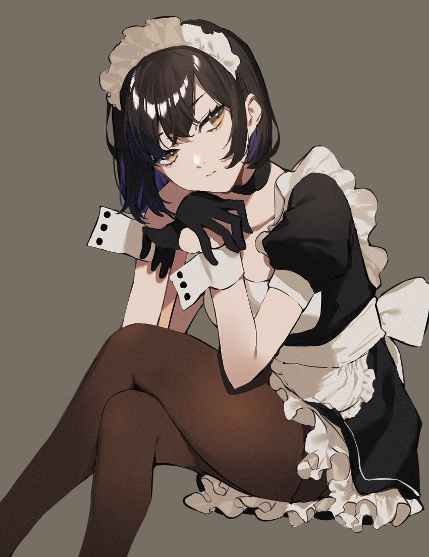 1girl 2l_(2lsize) apron arm_support bangs black_choker black_gloves black_hair black_legwear bob_cut brown_eyes choker closed_mouth collarbone crossed_legs expressionless frills gloves grey_background hair_between_eyes half_gloves hands_together highres looking_away maid maid_apron maid_headdress original pantyhose puffy_short_sleeves puffy_sleeves short_hair short_sleeves simple_background sitting solo wrist_cuffs