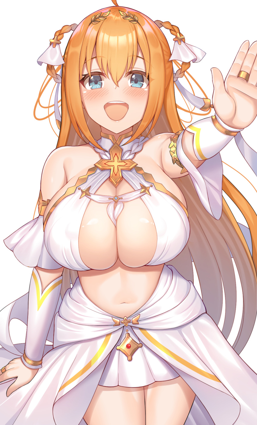 1girl ahoge bangs blue_eyes blush breasts cleavage eyebrows_visible_through_hair highres komainu_(yamaha1997) large_breasts long_hair open_mouth orange_hair pecorine_(princess_connect!) princess_connect! princess_connect!_re:dive smile solo tiara very_long_hair