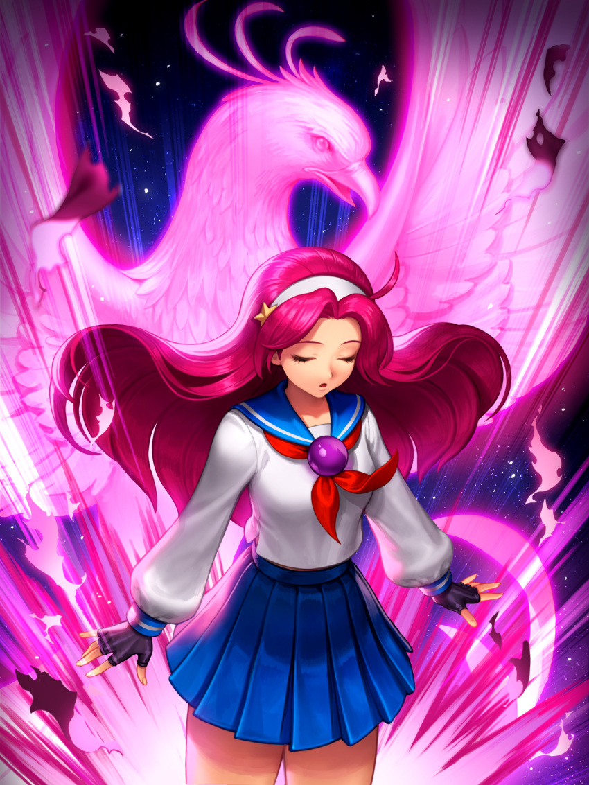 1girl asamiya_athena bird closed_eyes closed_mouth fingerless_gloves gloves highres long_hair official_art phoenix pink_hair pleated_skirt psycho_soldier sailor_collar school_uniform serafuku skirt snk solo the_king_of_fighters the_king_of_fighters_all-stars the_king_of_fighters_xi