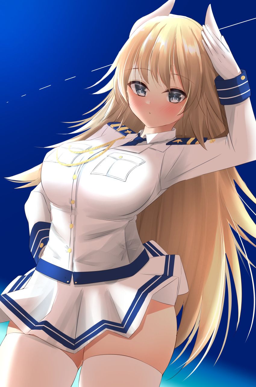 1girl absurdres alternate_costume animal_ears azur_lane balut_(7676i) blue_eyes breasts brown_hair commentary_request commission furutaka_(azur_lane) highres large_breasts long_hair looking_at_viewer military military_uniform pleated_skirt salute skeb_commission skirt solo thighhighs uniform
