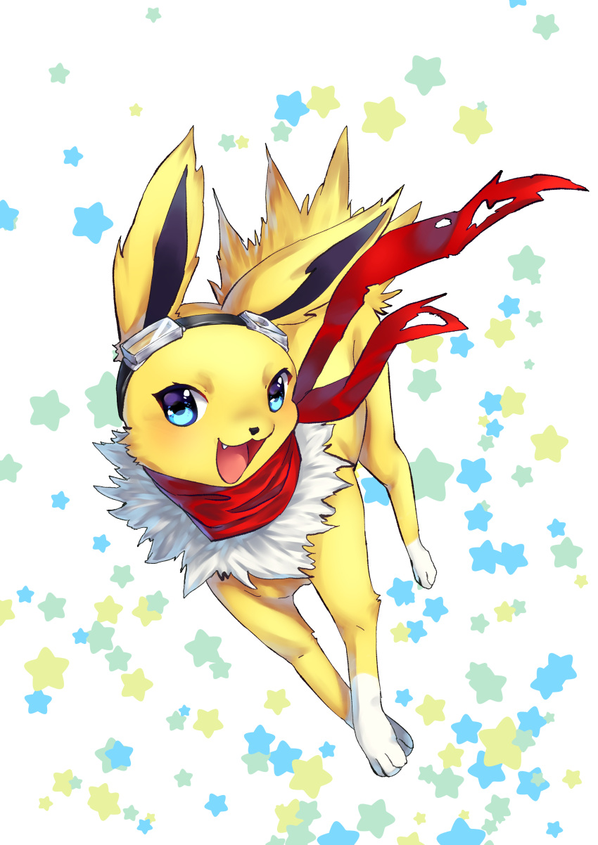 3_fingers 3_toes absurd_res blue_eyes cute_fangs eeveelution eyewear feet feral fingers fur goggles goggles_on_head happy hi_res jolteon male nintendo oko-san open_mouth pok&eacute;mon pok&eacute;mon_(species) scarf shrike_alvaron simple_background solo toes video_games white_body white_fur yellow_body yellow_fur