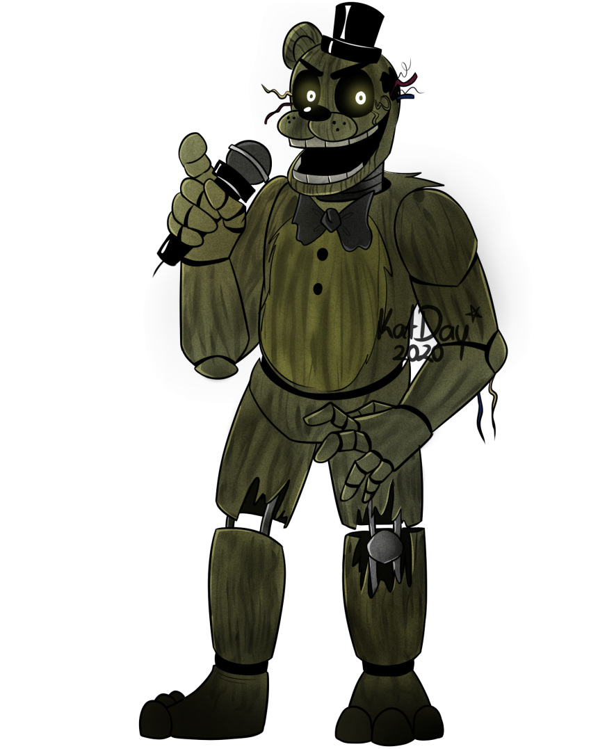 &gt;:d 1_ear 2020 alpha_channel animatronic anthro barefoot black_nose bow_tie clothing dilated_pupils endoskeleton exposed_endoskeleton featureless_crotch five_nights_at_freddy's five_nights_at_freddy's_3 fur ghost glowing glowing_eyes green_body green_ears green_fur hat headgear headwear hi_res holding_microphone holding_object katdaykatz looking_at_viewer machine male mammal metal metallic metallic_body microphone multicolored_body multicolored_fur open_mouth phantom_freddy_(fnaf) raised_arm robot round_ears short_ears simple_background singer smile solo spirit standing teeth top_hat torn_leg transparent_background two_tone_body two_tone_fur ursid video_games wire yellow_eyes