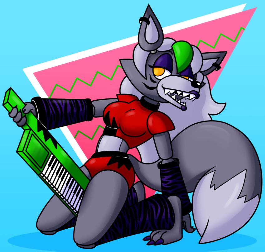80's_theme animatronic anthro canid canine canis claws eyeshadow female five_nights_at_freddy's five_nights_at_freddy's:_security_breach green_hair hair hi_res keyboard_instrument keytar kneeling machine makeup mammal musical_instrument robot roxanne_wolf_(fnaf) sharp_teeth snaxattacks solo straddling teeth video_games wolf yellow_eyes
