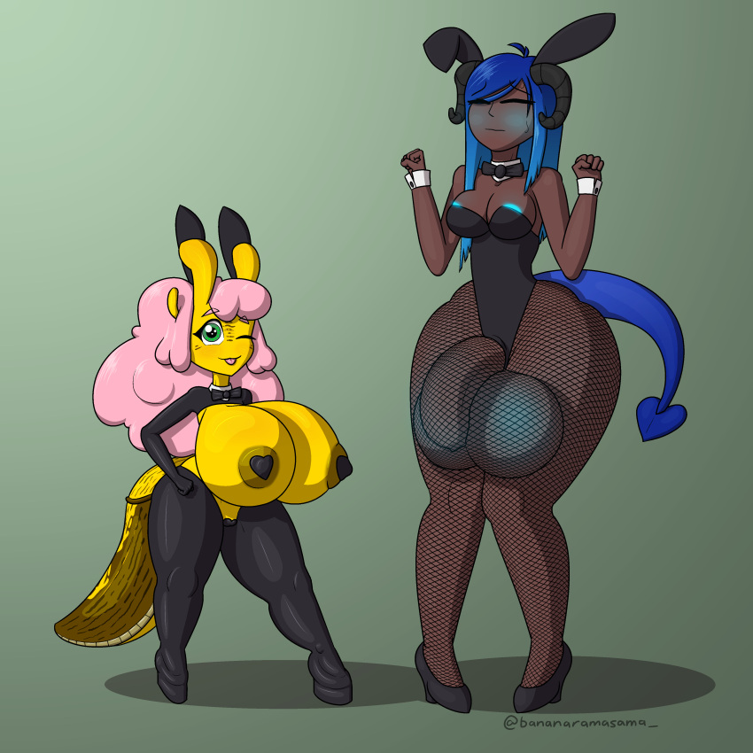 absurd_res anthro balls banana_slug bananaramasama big_balls big_breasts big_penis blep blue_hair bow_tie breasts breyt brown_body brown_skin bunny_costume clothing costume curled_hair demon duo embarrassed fake_ears fishnet_leggings flaccid footwear genitals gloves glowing glowing_genitalia glowing_nipples glowing_penis green_eyes hair half_demon handwear herm hi_res high_heels horn huge_balls huge_breasts huge_hips huge_thighs human hybrid intersex intersex/intersex kela_ariolima latex_clothing latex_gloves latex_leggings mammal medium_breasts nipples pasties peeking_nipple penis pink_hair shoes short_stack solo spade_tail straight_hair thick_thighs tongue tongue_out wet wet_body wet_skin