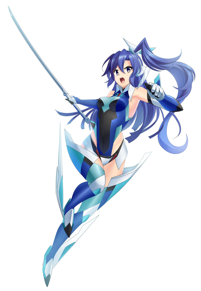 1girl absurdres armored_boots bangs blue_eyes blue_hair boots breasts breasts_apart elbow_gloves floating_hair full_body gloves hair_between_eyes high_ponytail highleg highleg_leotard highres holding holding_sword holding_weapon kazanari_tsubasa leotard long_hair nyanmaru open_mouth senki_zesshou_symphogear shiny shiny_hair side_ponytail simple_background small_breasts solo sword very_long_hair weapon white_background