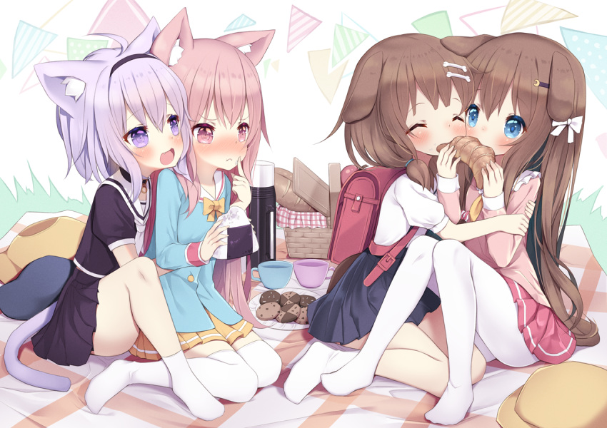 4girls ahoge animal_ear_fluff animal_ears arashiya azur_lane backpack bag black_shirt black_skirt blanket blue_eyes blue_shirt blush bone_hair_ornament bow bread brown_hair cartoon_bone cat_ears cat_girl cat_tail cheek-to-cheek cheek_poking child closed_eyes collar commission commissioner_upload cookie croissant crossover cup dog_ears dog_girl dog_tail ears_touching eating face-to-face fang flask food food_on_face full_body fumizuki_(azur_lane) hair_bow hair_ornament hairband hairclip hat headwear_removed hololive hug hug_from_behind inugami_korone kindergarten_uniform kisaragi_(azur_lane) knees_up long_hair low_twintails multiple_girls nekomata_okayu onigiri open_mouth outdoors pantyhose picnic picnic_basket pink_eyes pink_hair pink_shirt pink_skirt pixiv_request plate poking purple_eyes purple_hair randoseru ribbon school_hat school_uniform serafuku shirt short_hair short_sleeves sitting skirt smile socks suspender_skirt suspenders tail teacup thighhighs trait_connection twintails virtual_youtuber white_footwear white_legwear white_shirt yellow_headwear yellow_skirt younger