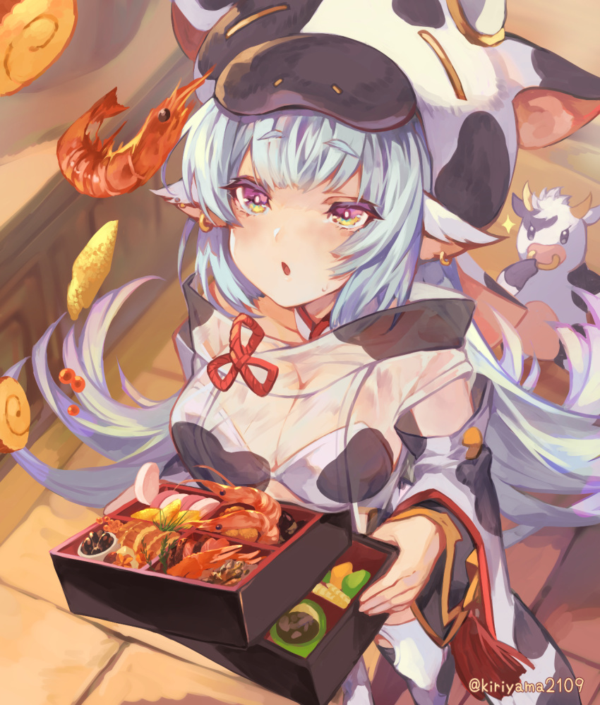 1girl animal_ears animal_print bangs bare_shoulders bikini blue_hair blush breasts cleavage cow cow_ears cow_girl cow_hat cow_horns cow_print cow_tail detached_collar detached_sleeves draph ear_piercing granblue_fantasy highres horns kiriyama2109 large_breasts long_hair obentou open_mouth piercing pointy_ears shatola_(granblue_fantasy) sheer_clothes short_shorts shorts shrimp swimsuit tail thighhighs thighs white_bikini white_legwear white_shorts wide_sleeves yellow_eyes